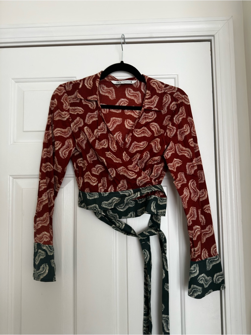 Zara Burgundy Printed Collared Wrap Blouse with Teal Trim